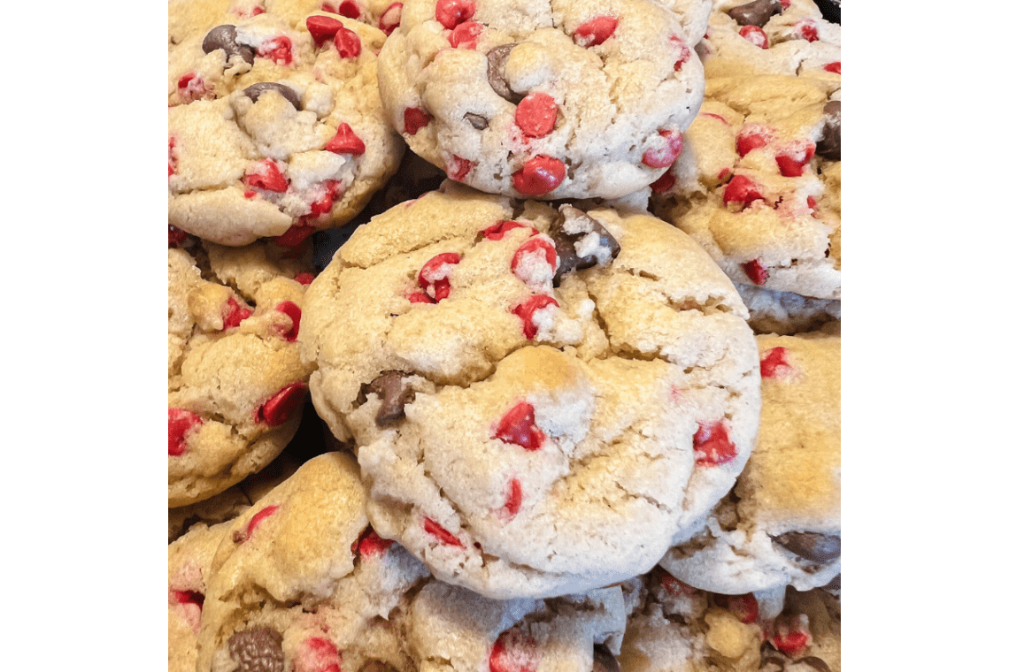 Freshly baked chocolate cherry chip christmas cookies.