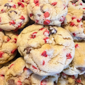 Freshly baked chocolate cherry chip holiday cookies.