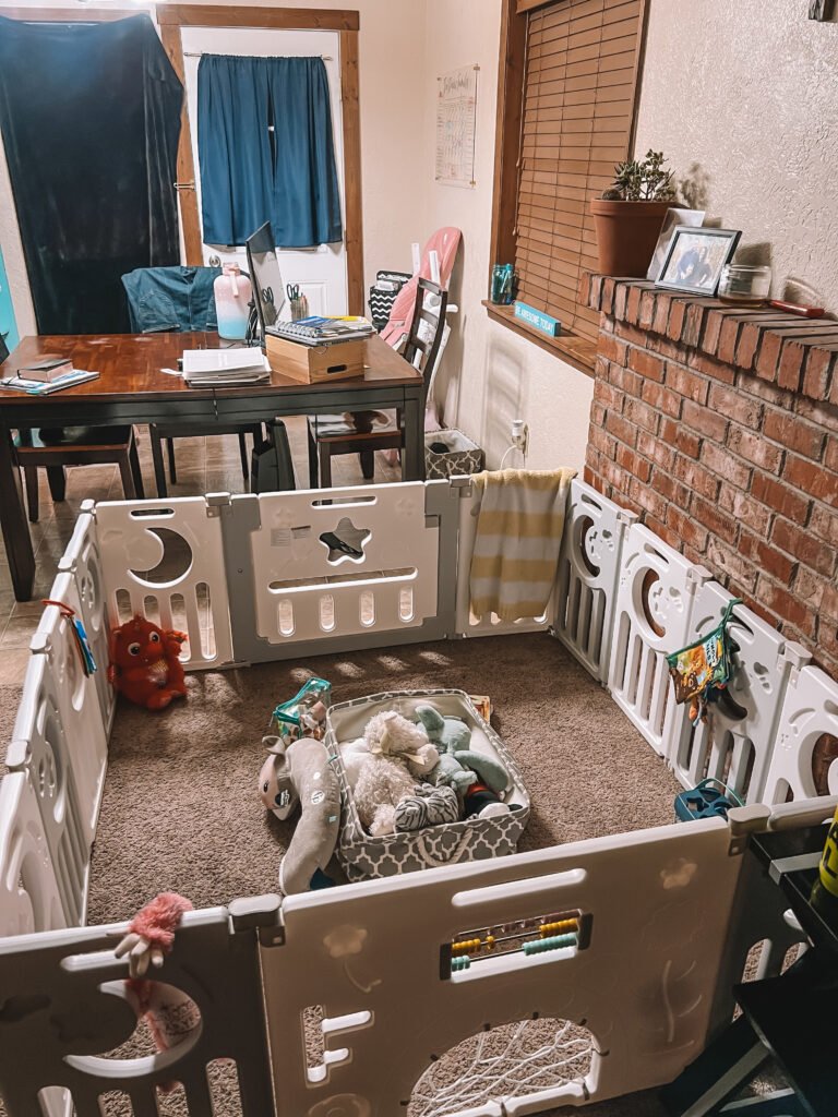 A work from home work space for moms with toddlers.