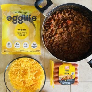 Delicious keto ingredients to make a yummy chili cheese dog casserole.