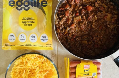 Delicious keto ingredients to make a yummy chili cheese dog casserole.