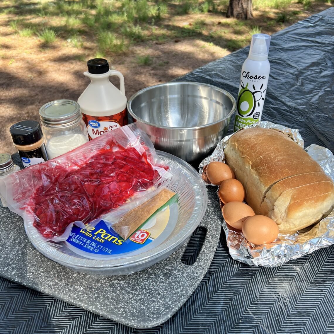 Campfire french toast with raspberries.