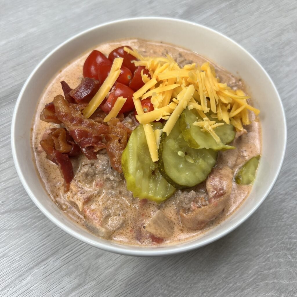 A heaping bowl of delicious Keto cheeseburger soup.