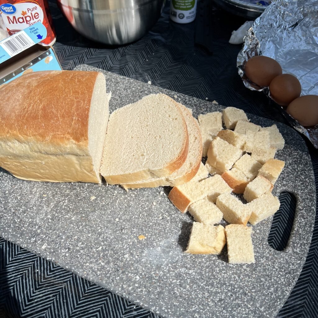 Homemade sourdough loaf cut in cubes for french toast bake.