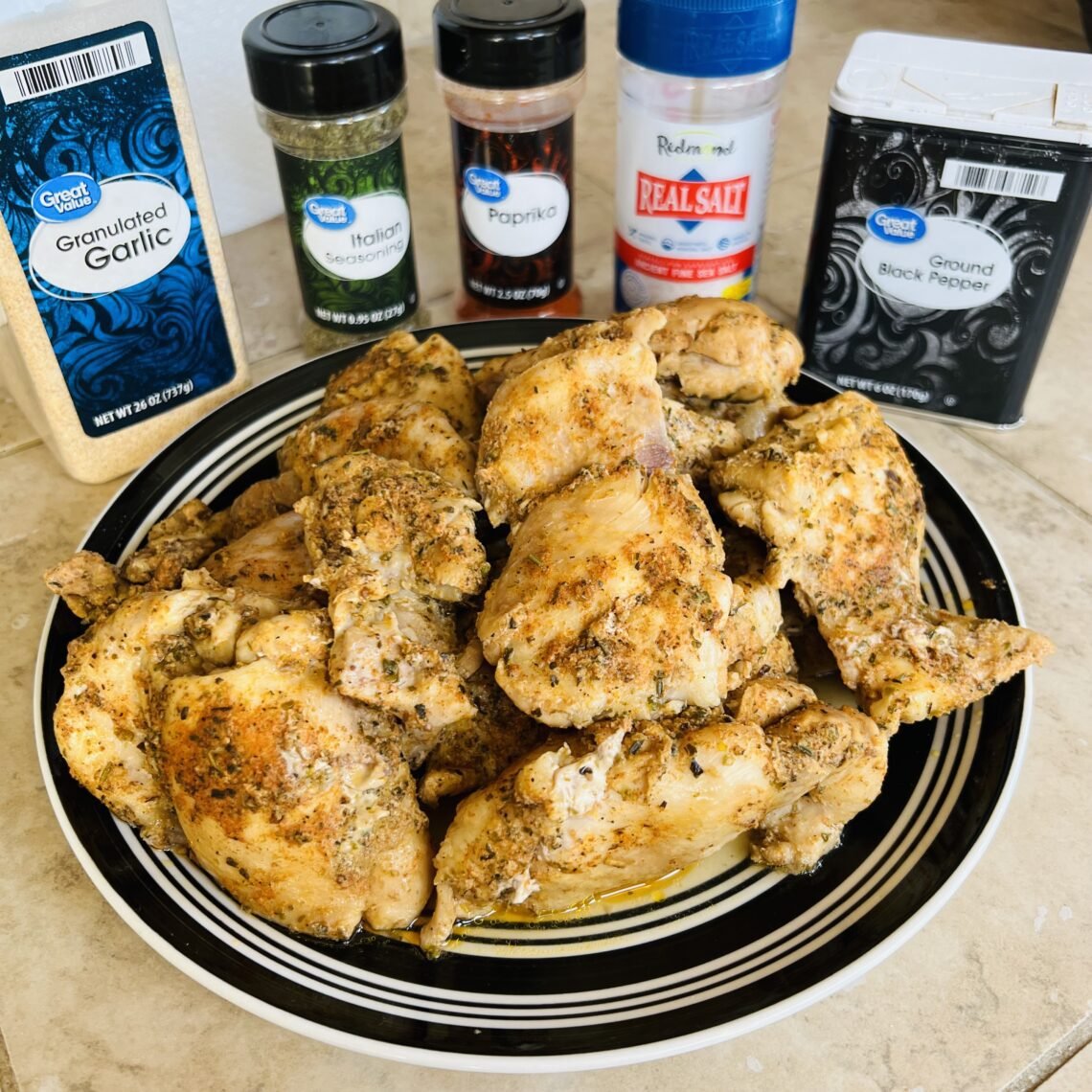 Delicious seasoned boneless skinless chicken thighs.