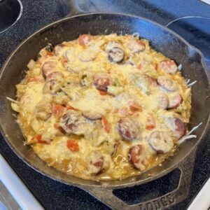 Cheesy sausage skillet that is delicious and low-carb.