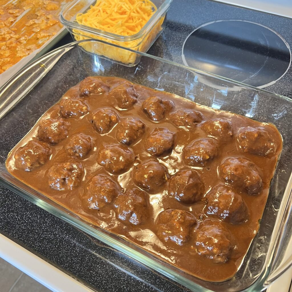 A delicious keto enchilada meatball bake being prepared.