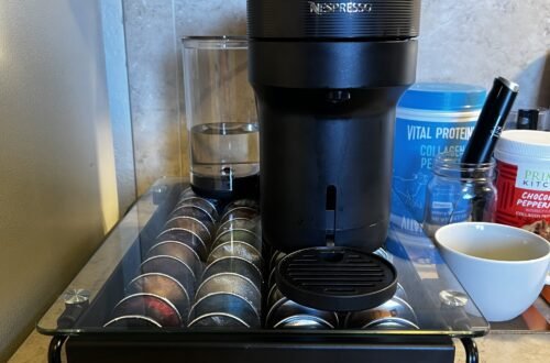 Nespresso Vertuo Pop+ Coffee Maker on the EVERIE Pod Organizer Drawer + Stand