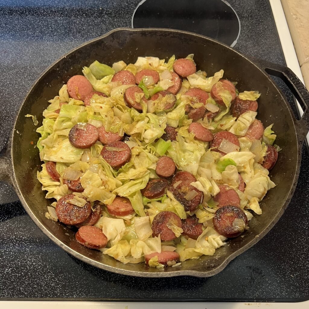 Seasoned sausage and cabbage.