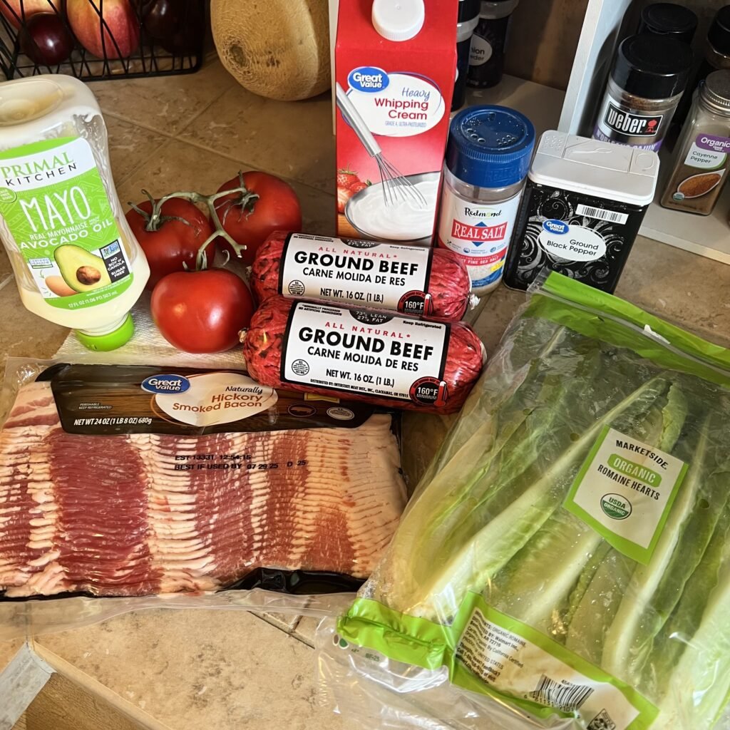 The ingredients needed for a creamy BLT ground beef skillet.