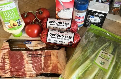 The ingredients needed for a creamy BLT ground beef skillet.
