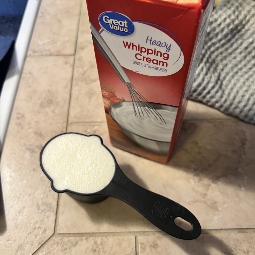 A half cup of heavy cream will be mixed with eggs and cheese for a yummy carnivore casserole.