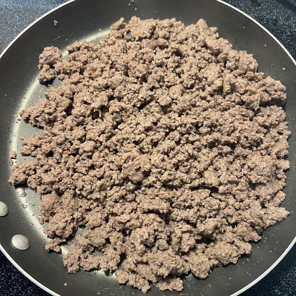 Yummy browned ground beef ready to be made into a delicious BLT skillet.