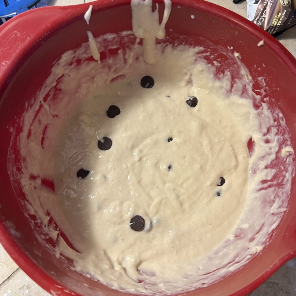Chocolate chip sourdough discard pancake batter in a bowl.