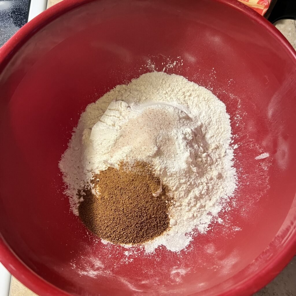 A bowl of the dry ingredients needed for delicious sourdough pancakes.
