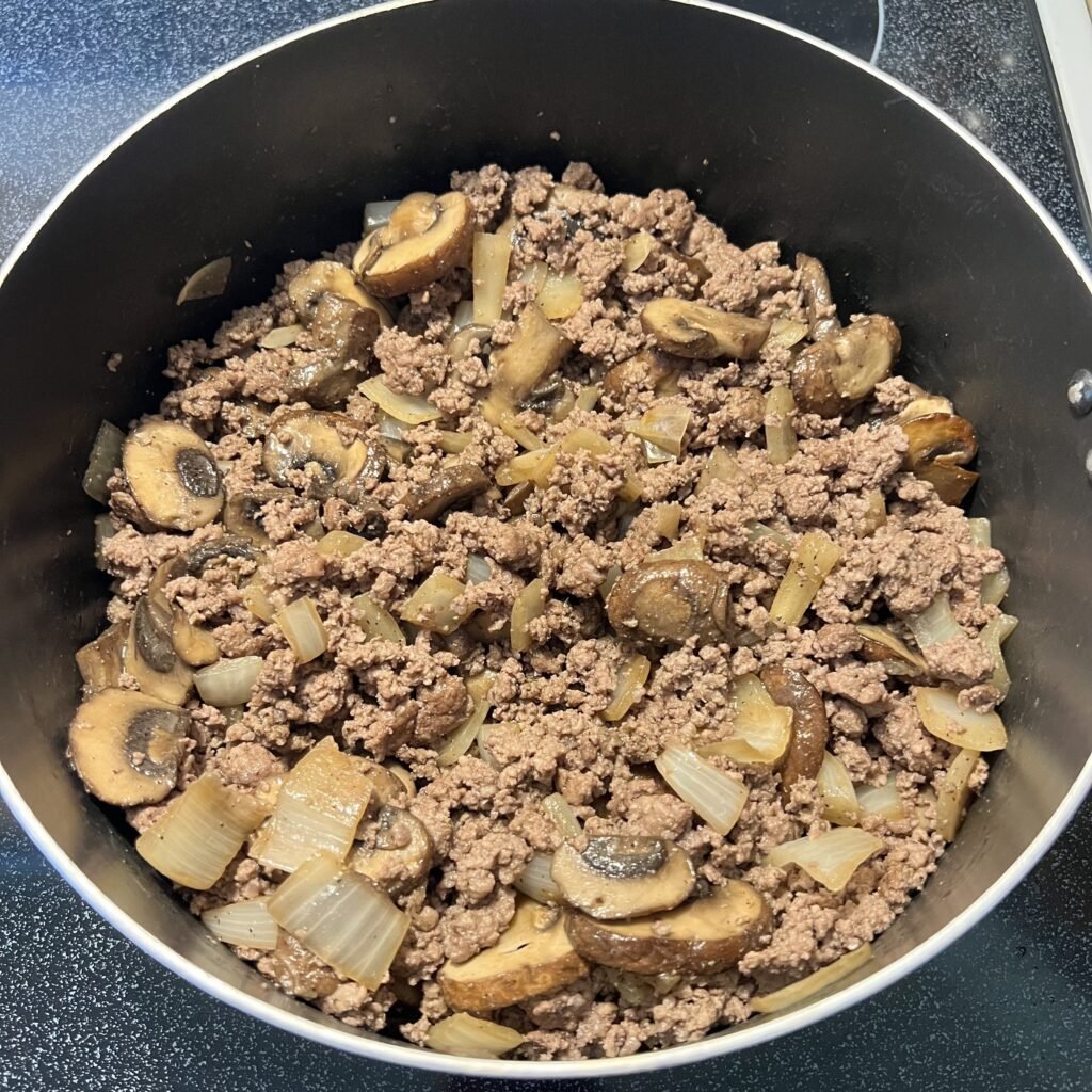 Ground beef, onion, and mushroom mixture to go with a creamy sauce to make a delicious low-carb stroganoff