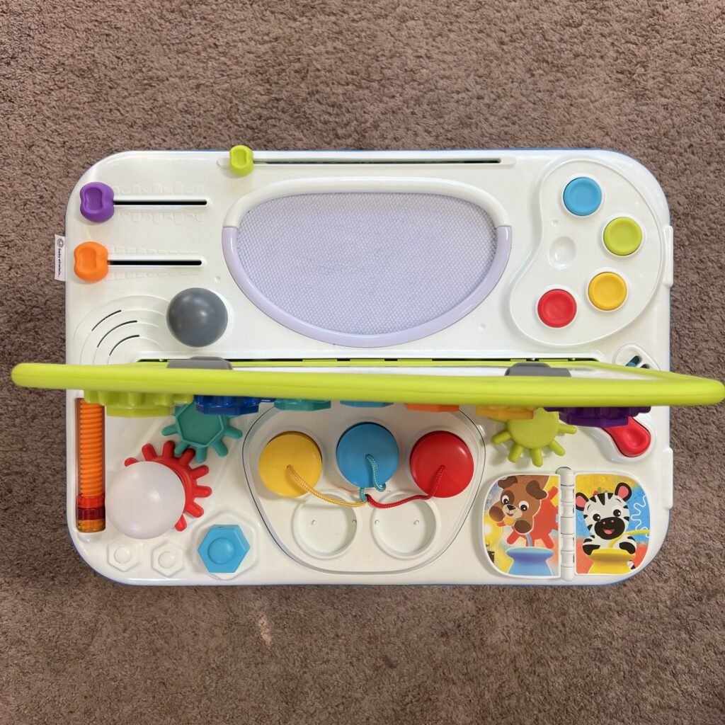 An overhead shot of the Baby Einstein Curiosity Table. A great learning playtime toy for one-year-olds.