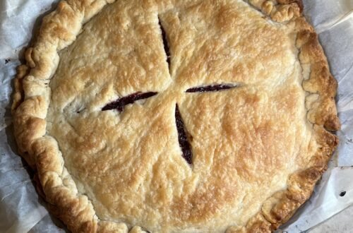 Yummy sweet cherry pie made with a delicious and flaky sourdough pie crust.