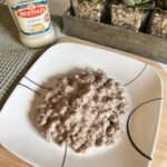 Overhead shot of a plate of delicious Alfredo ground beef. This is a quick and easy 2-ingredient skillet meal that is sure to please!