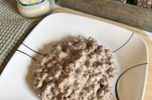 Overhead shot of a plate of delicious Alfredo ground beef. This is a quick and easy 2-ingredient skillet meal that is sure to please!