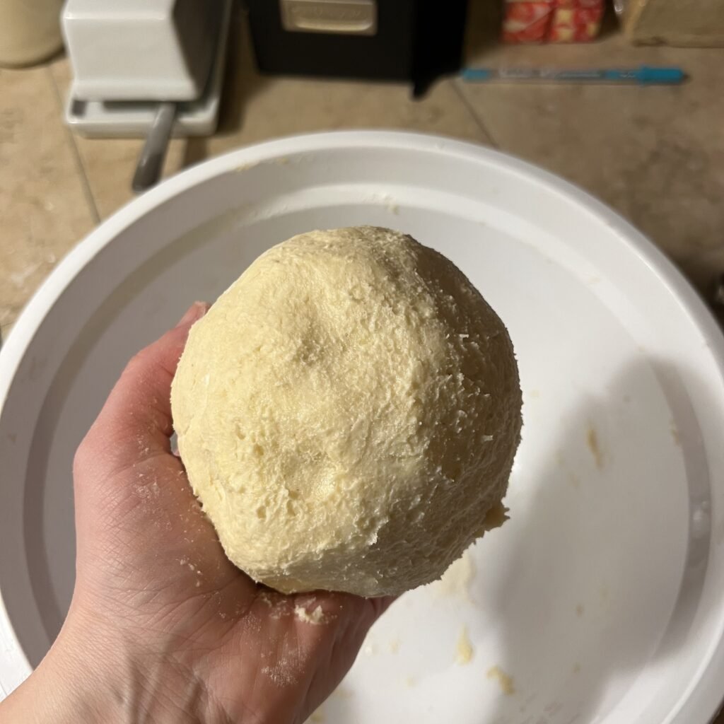 A freshly made sourdough pie crust dough ball. This is for a really buttery and flaky pie crust.