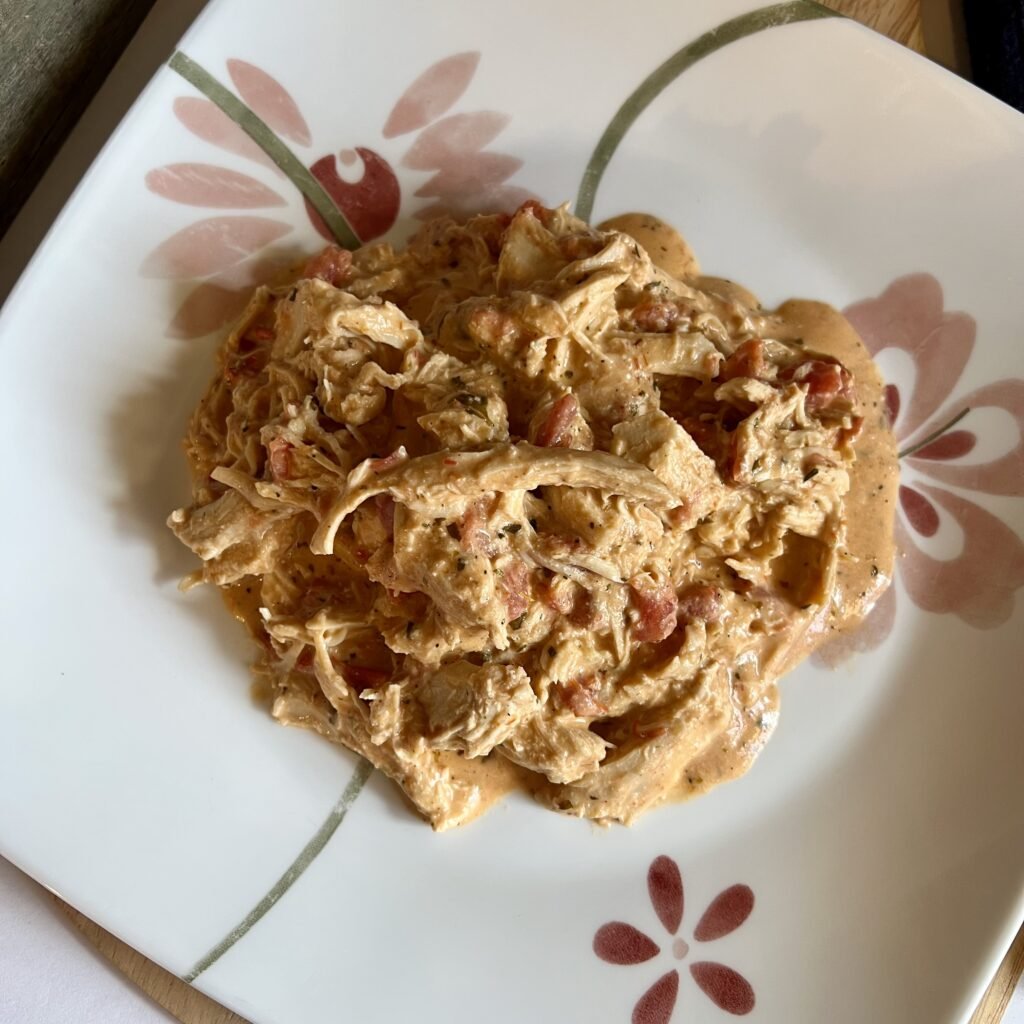 A plate of creamy shredded chicken ready to be served.