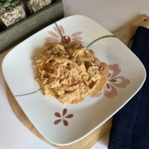 A delicious plate of creamy shredded chicken with Rotel ready for family dinner.