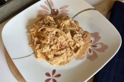 A delicious plate of creamy shredded chicken with Rotel ready for family dinner.