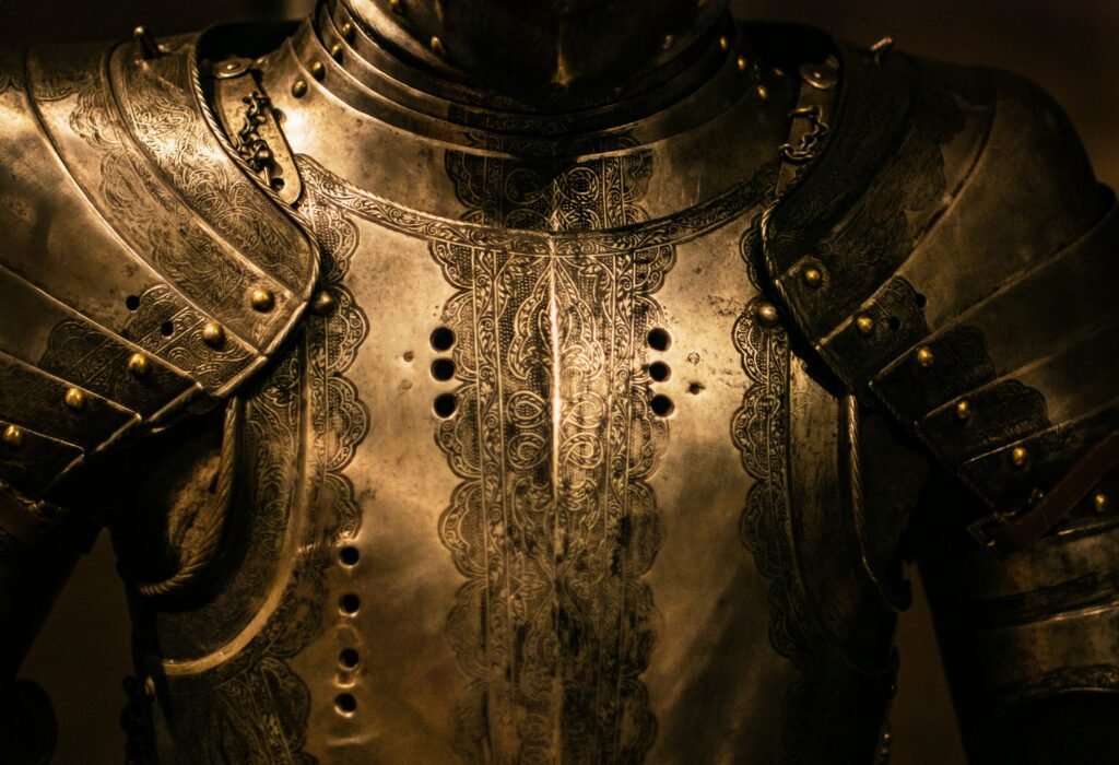 A close up shot of armor. The picture is an outward expression of putting on the full armor of God every day. This is one of the ways Christian moms fight for truth.