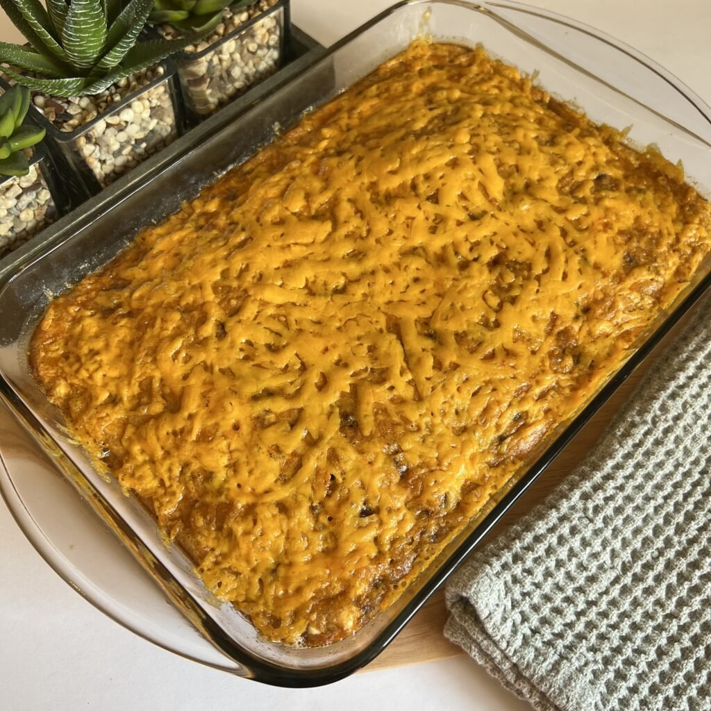 An overhead shot of a delicious and cheesy keto casserole.