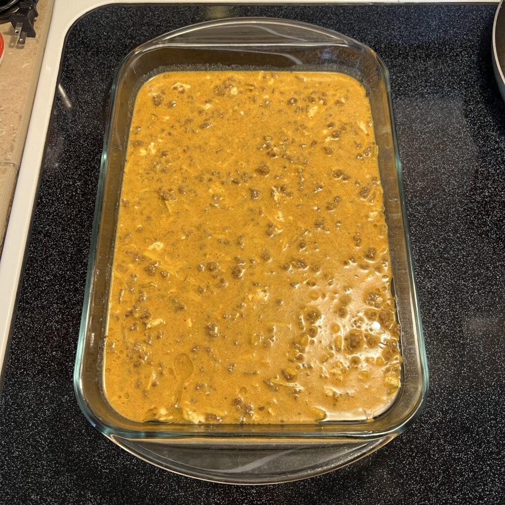 An overhead shot of an easy dinner casserole before being put into the oven to bake.