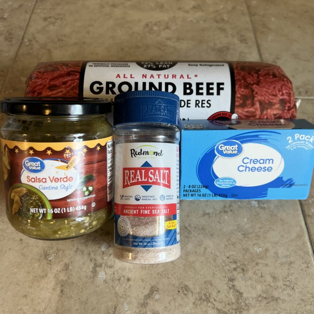 The ingredients needed to make an easy salsa verde beef skillet.