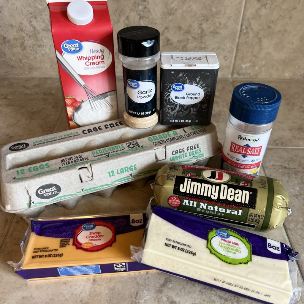 A picture of all of the ingredients you need to make a Keto Sausage and Egg Breakfast Casserole.