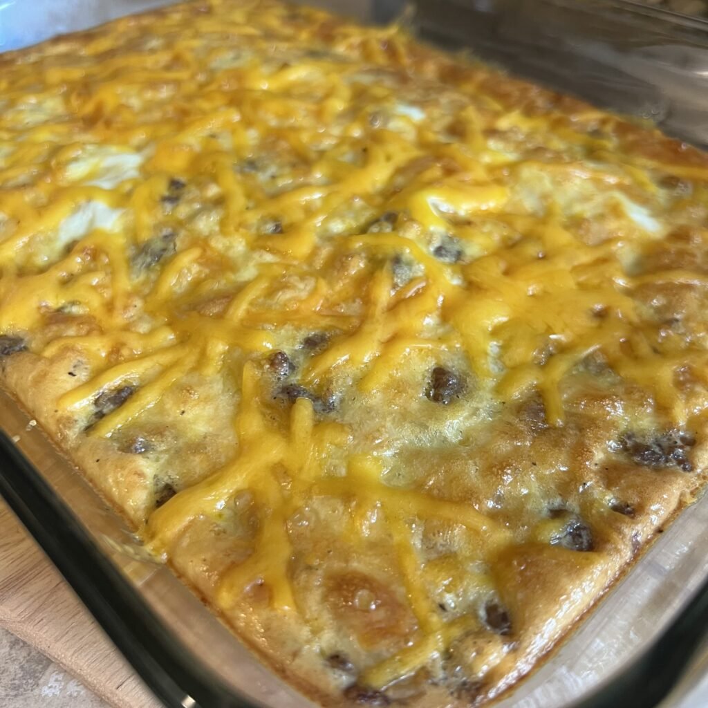 A close-up shot of a freshly baked keto breakfast casserole.