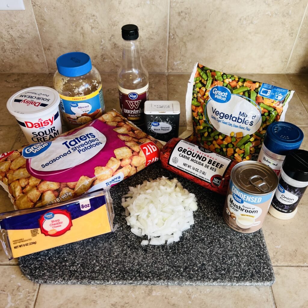Classic Tater Tot Casserole ingredients laid out on the kitchen counter ready to be assembled and baked to delicious perfection.