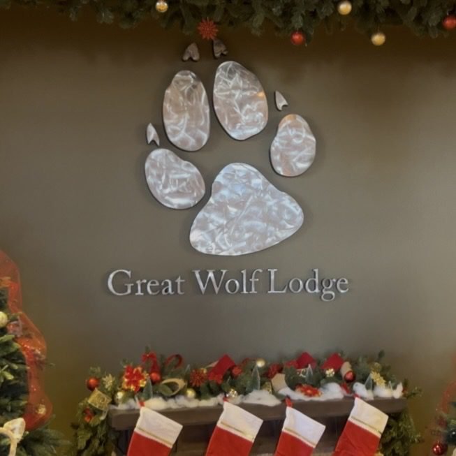 Great Wolf Lodge front desk check-in, beautifully decorated for the Christmas season.